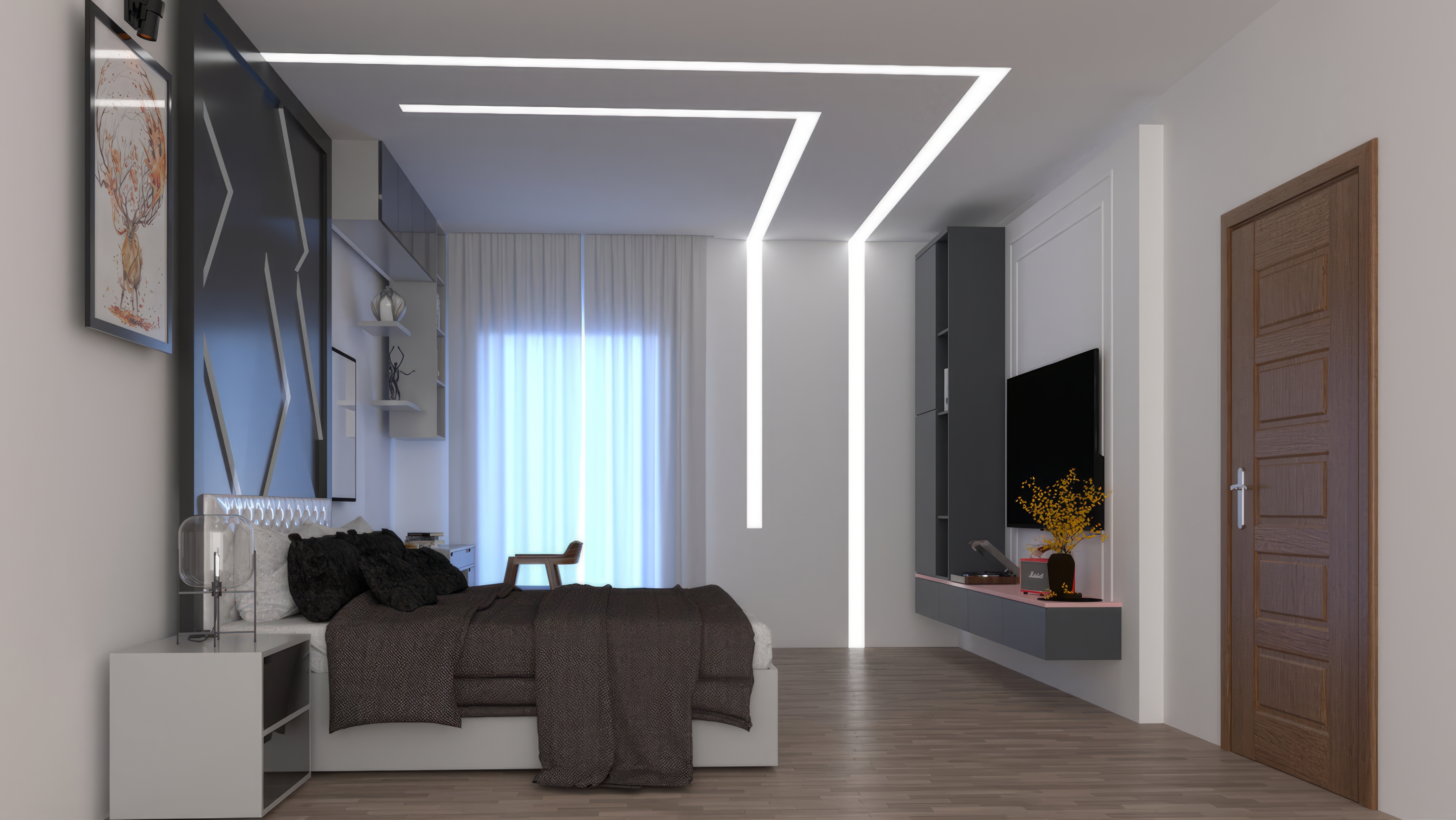 Световые линии в натяжном потолке — современный интерьер с LED-подсветкой